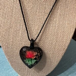 Blown art glass heart sparkly pendant on black 18”+2” black cord